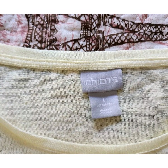 Chico's Womens Yellow Linen Top Blouse SIub Knit Tulip Sleeve Fringe Size M - Picture 6 of 6